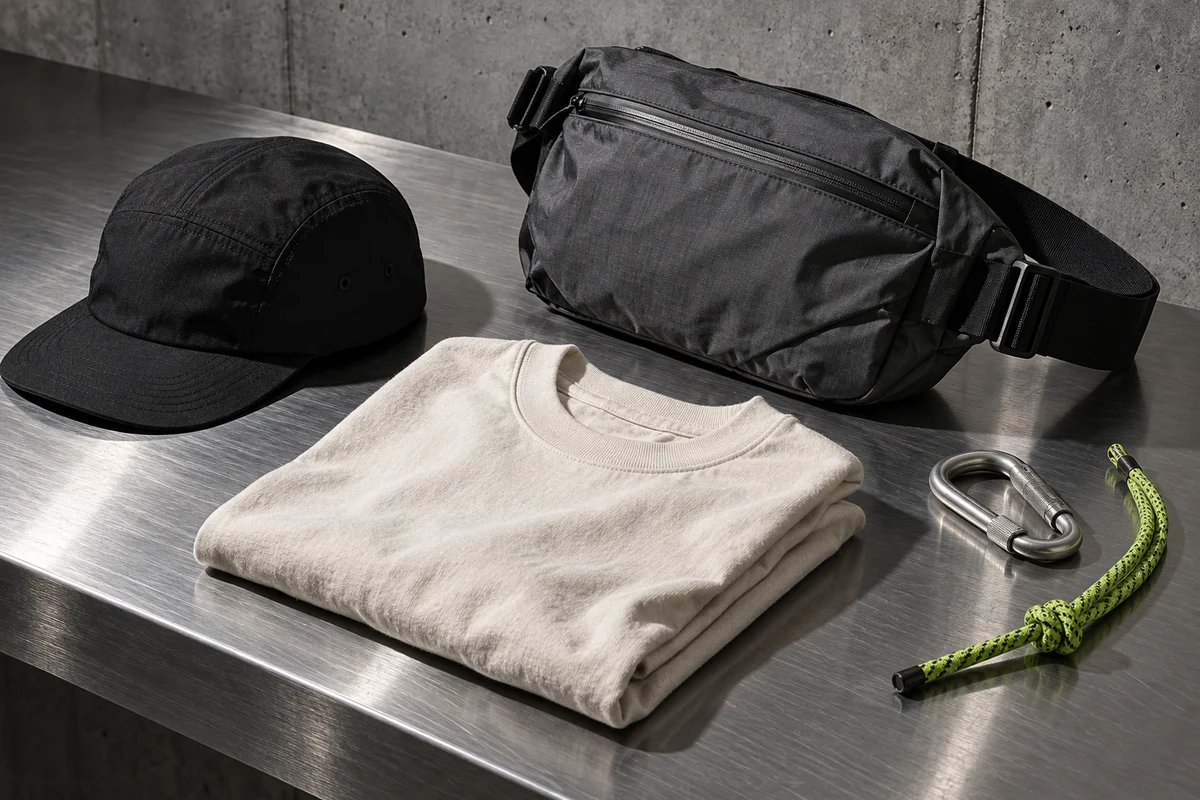 Cap, sling bag, folded tee and hardware arranged on a steel table